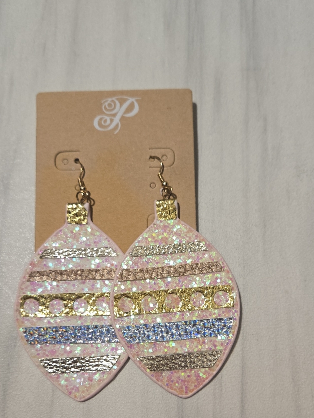 Pink Glitter Stripe Teardrop Christmas Earrings